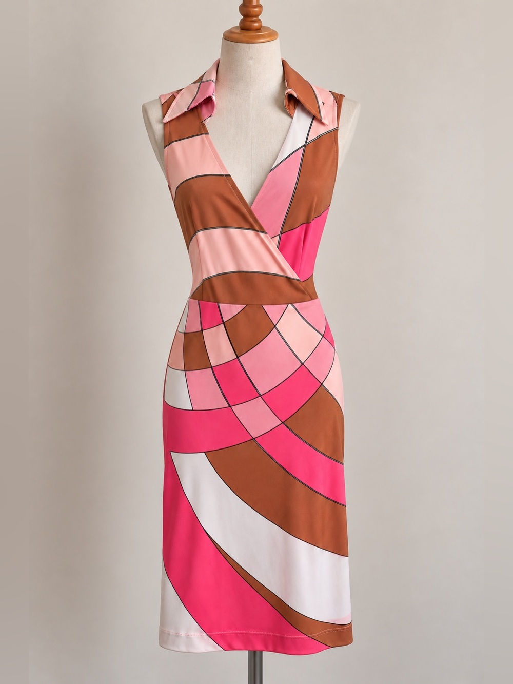 New York & Company Stretch XS Pink Brown Retro Geometric Wrap Sheath Dress Y2K